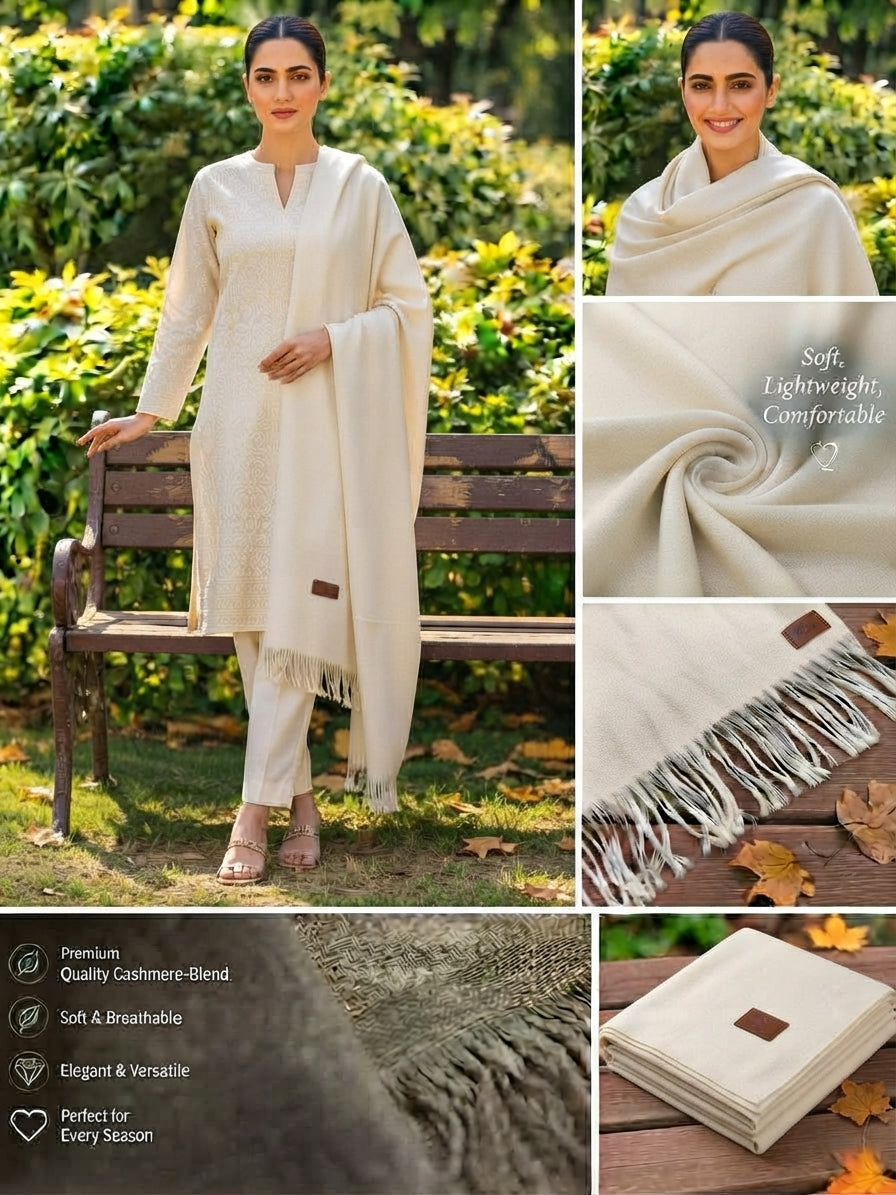 A cream-colored women's traditional outfit set with a matching lightweight shawl, shown in a lifestyle collage. The collage includes a full-body shot of a woman wearing the outfit outdoors on a bench, close-up shots of the shawl's texture and drape, and a folded view of the set on a wooden surface.