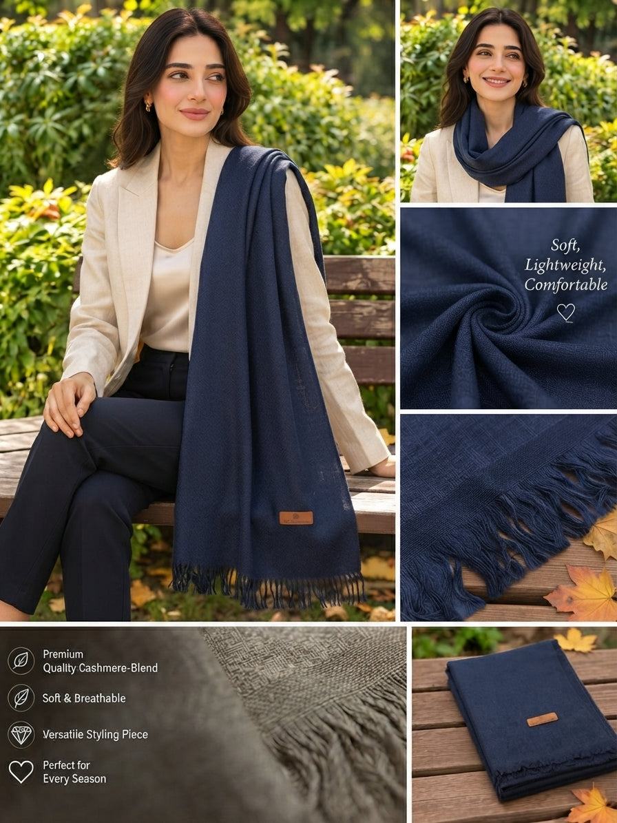 A navy blue fringed scarf shown in a multi-panel collage, including a woman wearing it outdoors on a bench, close-up fabric texture shots, marketing text, and the scarf folded on a wooden surface.