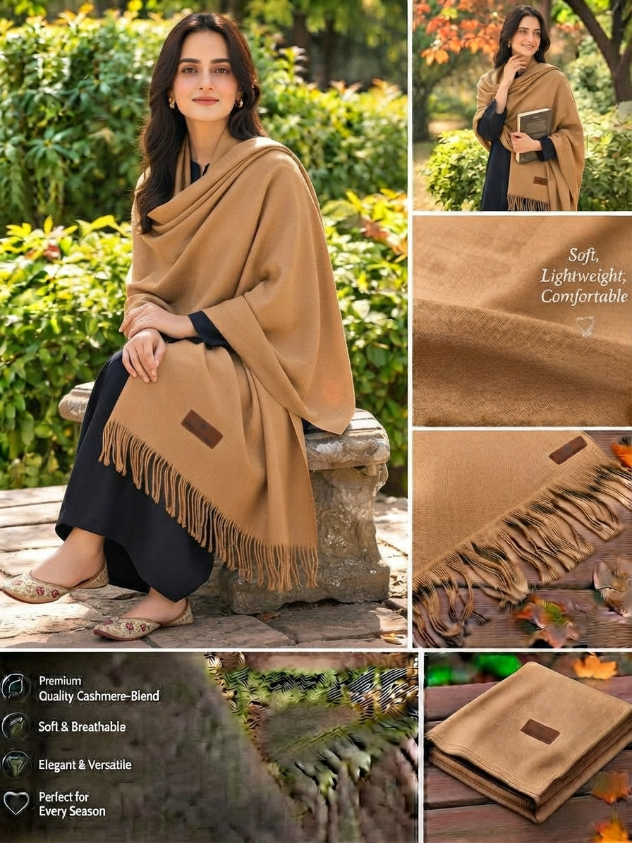 A woman wearing a camel brown shawl with fringe is shown in an outdoor garden setting, alongside close-up fabric detail shots and a folded view of the shawl. Text highlights soft, lightweight comfort and premium quality.